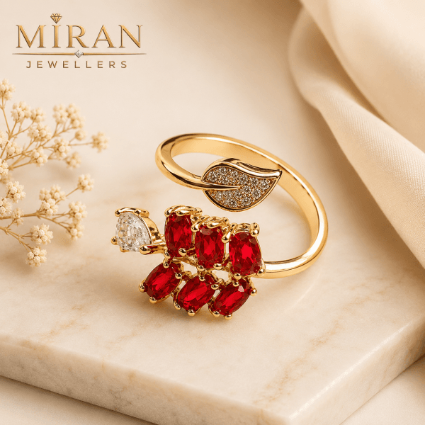 Royal Ruby Leaf Ring – Gold Plated Adjustable Ring