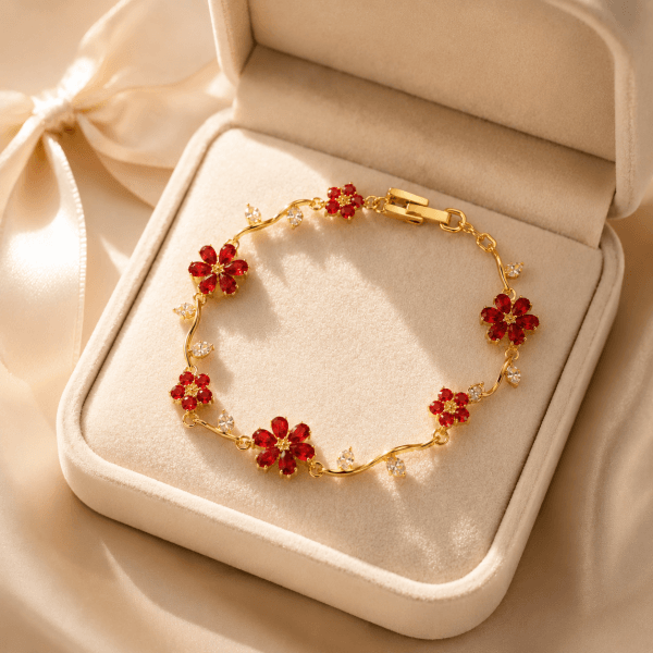 Ruby Floral Bracelet – Gold Plated Red Zircon Flower Bracelet