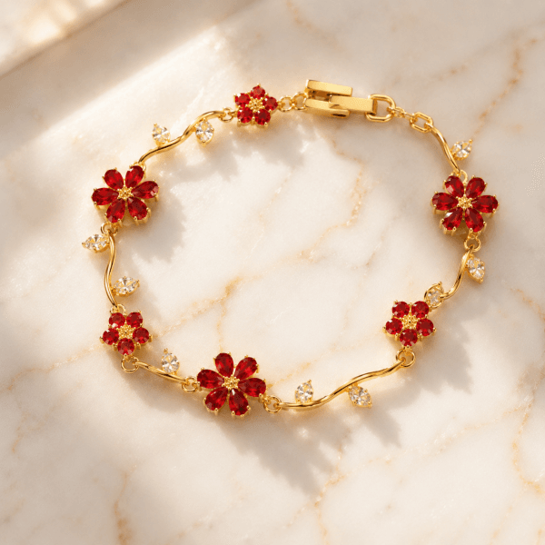 Ruby Floral Bracelet – Gold Plated Red Zircon Flower Bracelet