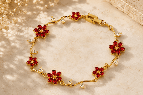 Ruby Floral Bracelet – Gold Plated Red Zircon Flower Bracelet