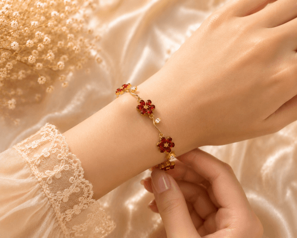 Ruby Floral Bracelet – Gold Plated Red Zircon Flower Bracelet