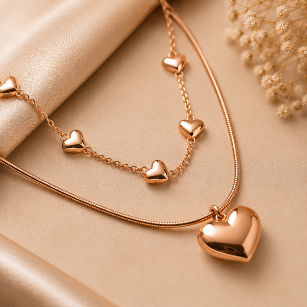 Heart Charm Necklace Set – Rose Gold Double Layer Necklace