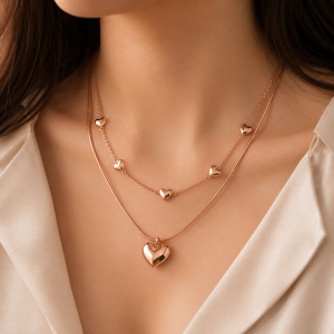 Heart Charm Necklace Set Rose Gold for Women