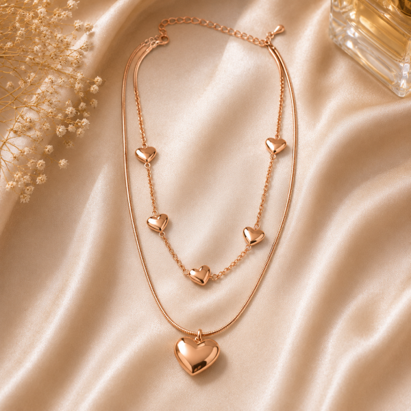 Heart Charm Necklace Set – Rose Gold Double Layer Necklace