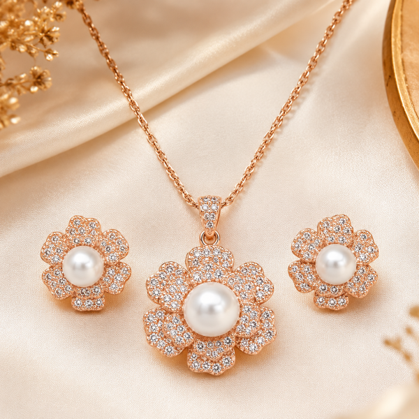 Luxury 1 Carat Jewelry Set for Women | Rose Gold Pearl Necklace & Earrings