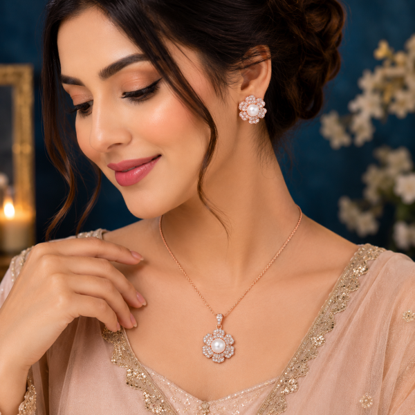 Luxury 1 Carat Jewelry Set for Women | Rose Gold Pearl Necklace & Earrings