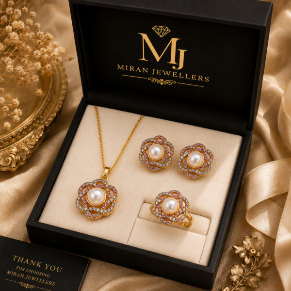 Elegant 1 Carat Floral Pearl Jewelry Set for Women
