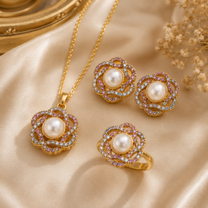 Elegant 1 Carat Floral Pearl Jewelry Set for Women by Miran Jewellers