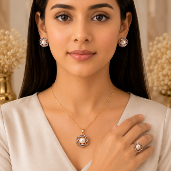 Elegant 1 Carat Floral Pearl Jewelry Set for Women