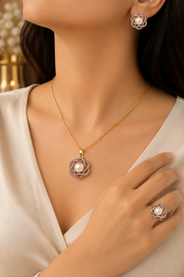 Elegant 1 Carat Floral Pearl Jewelry Set for Women